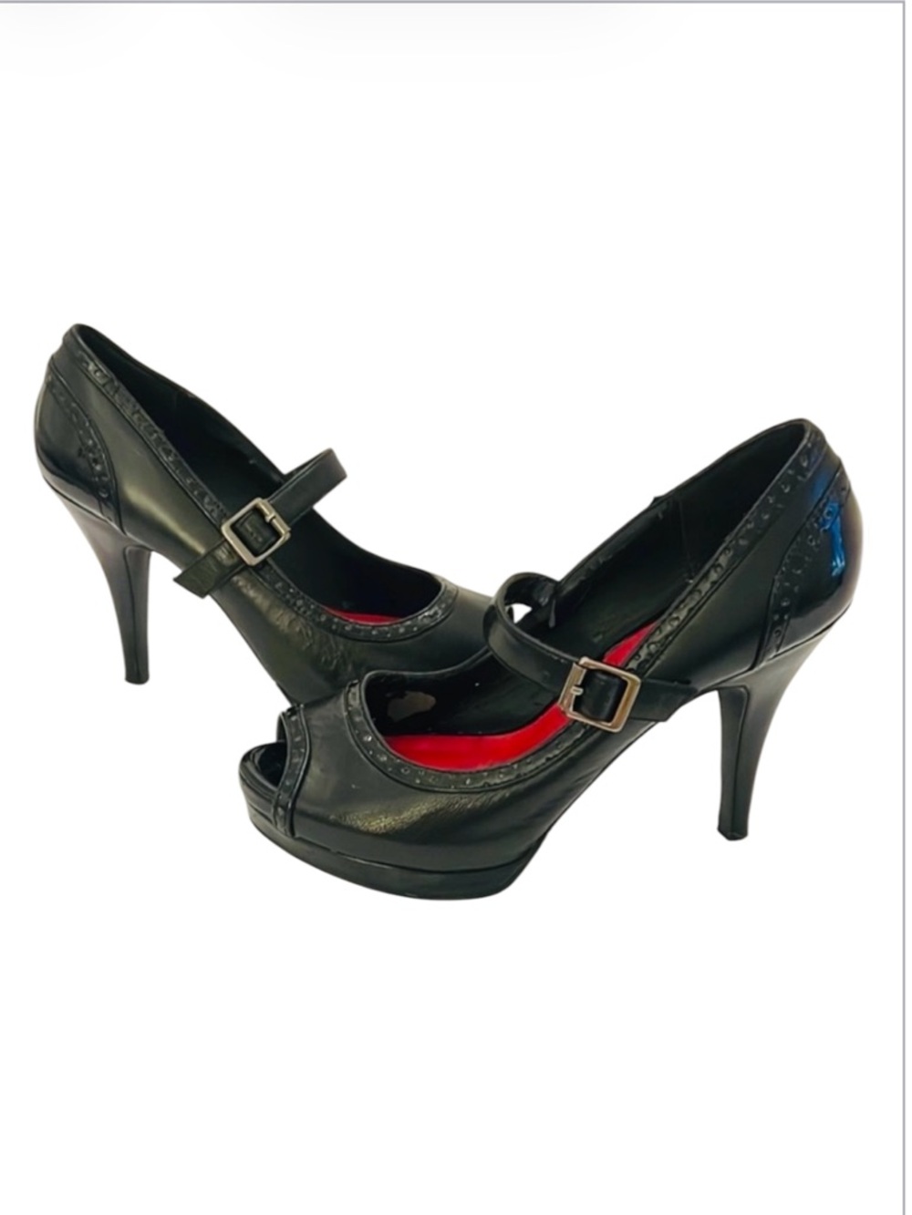Moda Black Mary Jane Heels with Red Insole Peep Toe Style Size 8